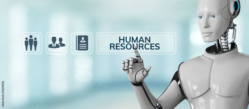 Poster hr human resources automation rpa. robot pressing button on screen 3d render.