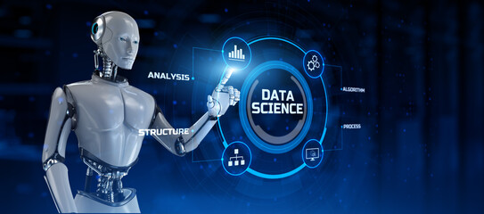 Data science analytics technology concept. Robot pressing button on screen 3d render.