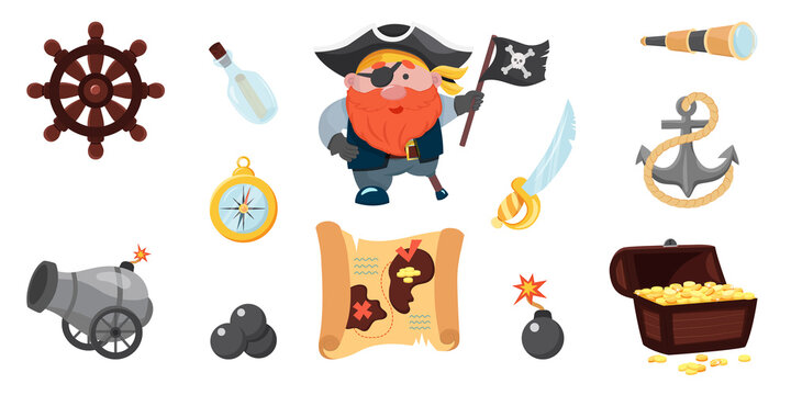 Set of cartoon Pirate items. Cute Bundle Pirate. Pirate character, spyglass, map, saber, treasure chest, anchor. Illustration isolated on white. Elements of piracy. Designs for print and web