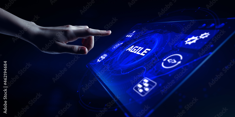 Poster agile software development scrum methodology technology concept. hand pressing button on screen.