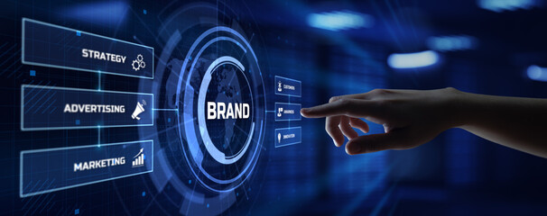 Brand development marketing strategy concept. Hand pressing button on screen.