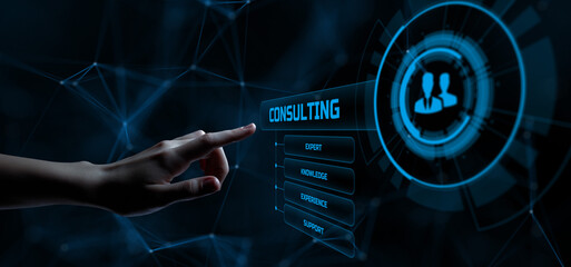 Consulting service business concept. Hand pressing button on screen.