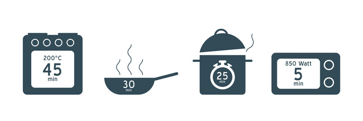 Meal Timer logo design. 5 minutes cook in boiling saucepan, fry pan,  microwave watt and oven cooker.