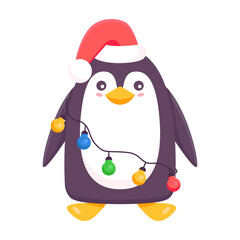 penguin got entangled in a garland, light bulbs, in a hat of Santa Claus. Christmas and New Years concept. Cute kind penguin. Vector illustration