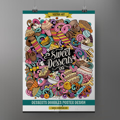 Cartoon vector doodles Desserts poster template.