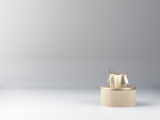 3d render of Christmas or birthday present. Stage in white studio. Gift box in golden color. Copy space, minimal 