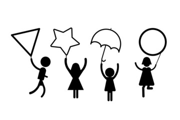 Symbol design. Circle, Triangle, Star, Umbrella, Square shape with children isolated on white background.