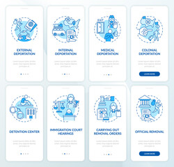Deportation blue onboarding mobile app page screen set. Official processing walkthrough 4 steps graphic instructions with concepts. UI, UX, GUI vector template with linear color illustrations - obrazy, fototapety, plakaty