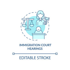 Immigration court hearings blue concept icon. Judicial procedure on immigration cases. Deportation abstract idea thin line illustration. Vector isolated outline color drawing. Editable stroke