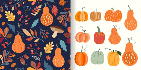 Autumn  Thanksgiving set with seamless pattern and pumpkins collection  - obrazy, fototapety, plakaty