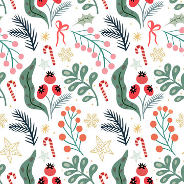 Christmas seamless pattern  with festive design, gift paper, floral winter background, wallpaper