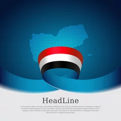 Foto op Plexiglas Yemen flag, mosaic map on blue white background. Wavy ribbon with the yemen flag. Vector banner design, national poster. Business booklet. State yemeni patriotic flyer, brochure © valerybrozhinsky