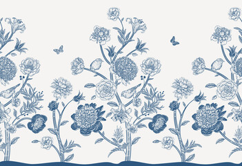 Floral Seamless pattern. Blooming fantastic trees. Chinoiserie style.
