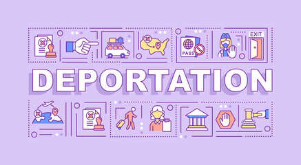 Deportation word concepts banner. Official removal from country. Infographics with linear icons on purple background. Isolated creative typography. Vector outline color illustration with text - obrazy, fototapety, plakaty