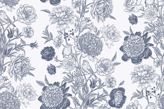 Black and white floral background. Peonies and birds. Vintage seamless pattern. © marinavorona