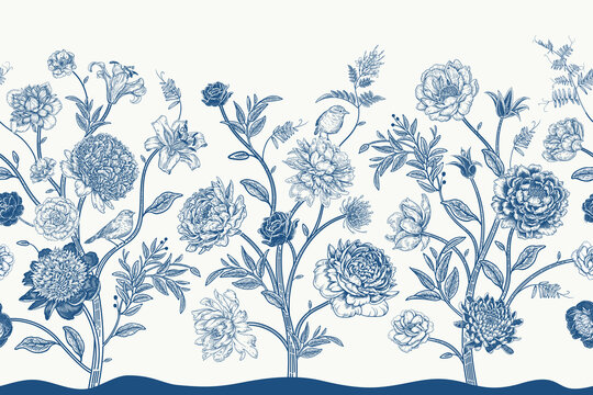 Floral Seamless pattern. Blooming fantastic trees. Chinoiserie style.