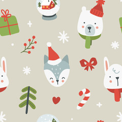 Cute christmas animals head doodle pattern. Seamless texture for textile, fabric, apparel, wrapping, paper, stationery.