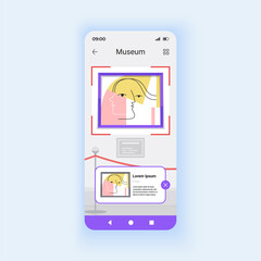 Museum light smartphone interface vector template. Mobile app page design layout. Augmenter reality tour. Interactive art gallery guide screen. Flat UI for application. Phone display