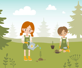 Obraz na płótnie Canvas Cute kids plant trees in park poster. Young volunteer children help to restore the forest.