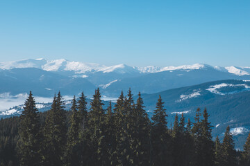 panoramic view of winter snowed mountains