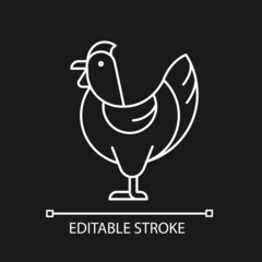 Hen white linear icon for dark theme. Female chicken. Broiler and layer pullet. Poultry farming. Thin line customizable illustration. Isolated vector contour symbol for night mode. Editable stroke