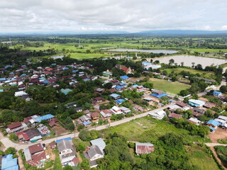 aerial photograph of rural communities in the morning sunrise