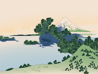 Illustration of Fuji mountain behind the natural lake with transparent fog on warm morning clear sky
