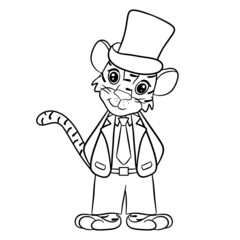 Tiger is symbol of the new year according to the Chinese or Eastern calendar. In a suit and in top hat, contour for coloring. Vector editable illustration, cartoon style