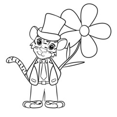 Tiger is symbol of the new year according to the Chinese or Eastern calendar. In suit and top hat, with big yellow flower. Outline for coloring. Vector editable illustration, cartoon style