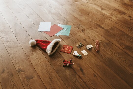Christmas ornaments on wooden floor