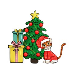 Merry Christmas and New Year greeting card. Tiger in red Christmas costume under Christmas tree with gifts. Vector illustration cartoon style