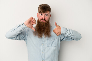 Young caucasian ginger man with long beard isolated on white background showing thumbs up and...