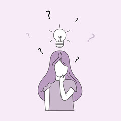 Thinking woman doodle style isolated on background. Woman deep in thought.  Thinking woman for wallpaper and placard. Thinking woman for poster and banner. Vector illustration