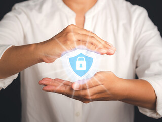 Cyber security firewall privacy concept. Data protection. Padlock icon and internet technology networking. Businessman protecting data personal information on virtual interface
