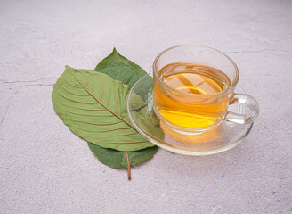 Top view of Mitragyna Speciosa or Kratom leaves with a teacup on a cement floor with copy space for...