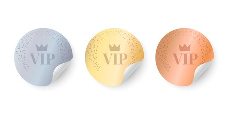 VIP stickers, in vintage style with a sticky layer. Shiny, Gold, Silver and Bronze emblem with the winner's wreath. Premium quality seal. Design element. 3D vector illustration.