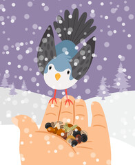 Winter birds feeding. Hand bird feed vector illustration, grains feeds food on palm winters animals help, wildlife helping vector illustration