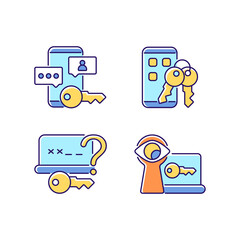 Password protection RGB color icons set. Social media safety. Phone lock. Shoulder surfing. Online privacy management. Isolated vector illustrations. Simple filled line drawings collection
