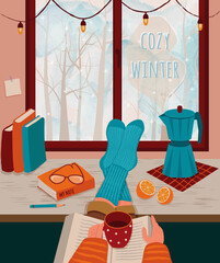 Feet in knitted socks are lying on the table. Hands with a mug of coffee and book. Outside the window is an winter landscape. Coffee maker on the table. Cozy winter. Vector illustration in flat style