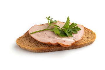 Smoked pork ham sandwich isolated on white background. Top view, close up.