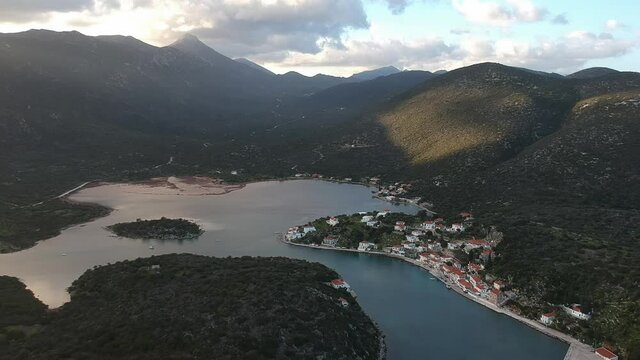 Beautiful aerial view at Ierakas, a picturesque fishing village in Laconia, Greece. The village is also known as the Greek natural Fjord due to the geomorphology of the place. Peloponnese, Greece