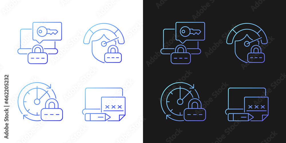 Poster laptop passwords gradient icons set for dark and light mode. computer safety requirement. thin line 