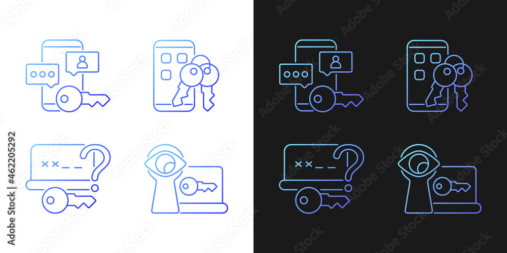 Poster password protection gradient icons set for dark and light mode. online privacy management. thin line