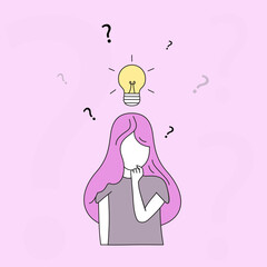 Thinking woman doodle style isolated on background. Woman deep in thought.  Thinking woman for wallpaper and placard. Thinking woman for poster and banner. Vector illustration