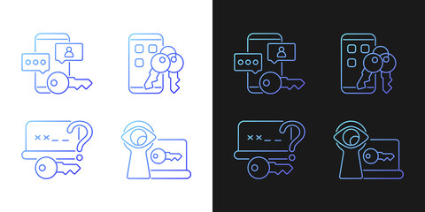 Password protection gradient icons set for dark and light mode. Online privacy management. Thin line contour symbols bundle. Isolated vector outline illustrations collection on black and white