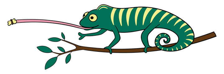 Cute cartoon chameleon on branch catch the butterfly. Vector illustration, hand-drawn flat style © Vlaskova