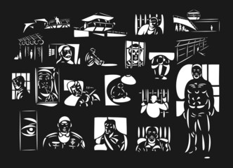 Line-art vector illustrations of people in jail