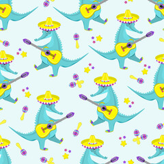 Pattern of cute crocodile playing guitar. flat vector illustration.