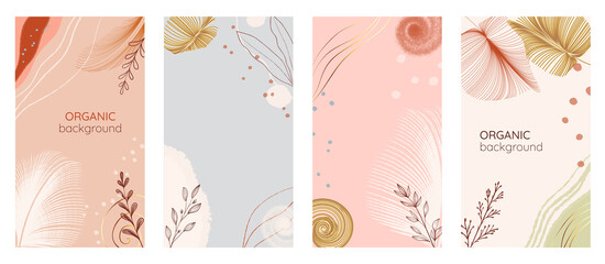 Fototapeta na wymiar Social media stories set of abstract modern backgrounds with gold and pastel color combinations, organic hand drawn shapes, and leaves. Story advertising, branding vector design.