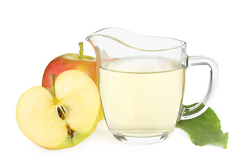 Natural apple vinegar and fresh fruits on white background